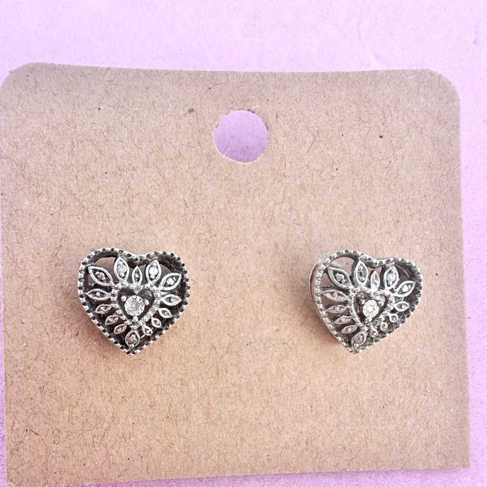 Diamond Accent Heart Starburst Stud Earrings | Sterling Silver